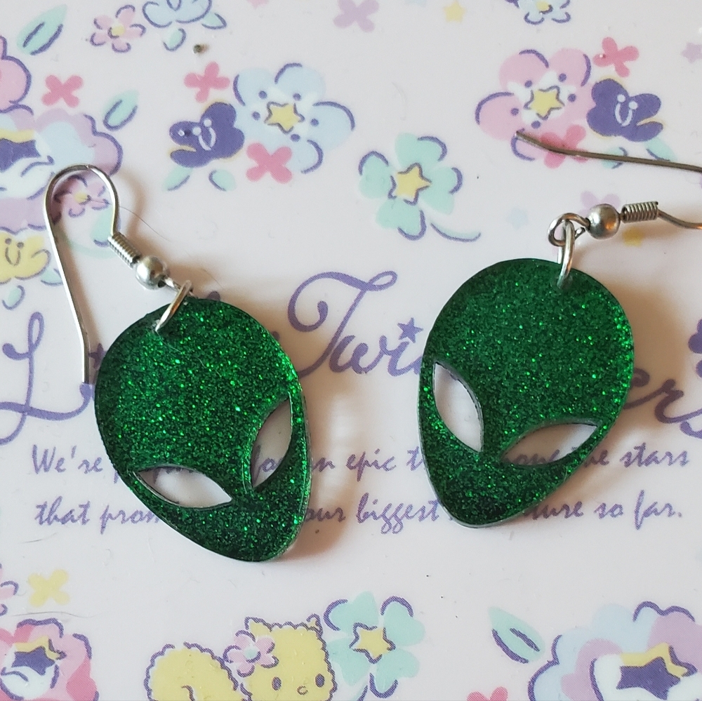 Sparkly alien head charm earrings